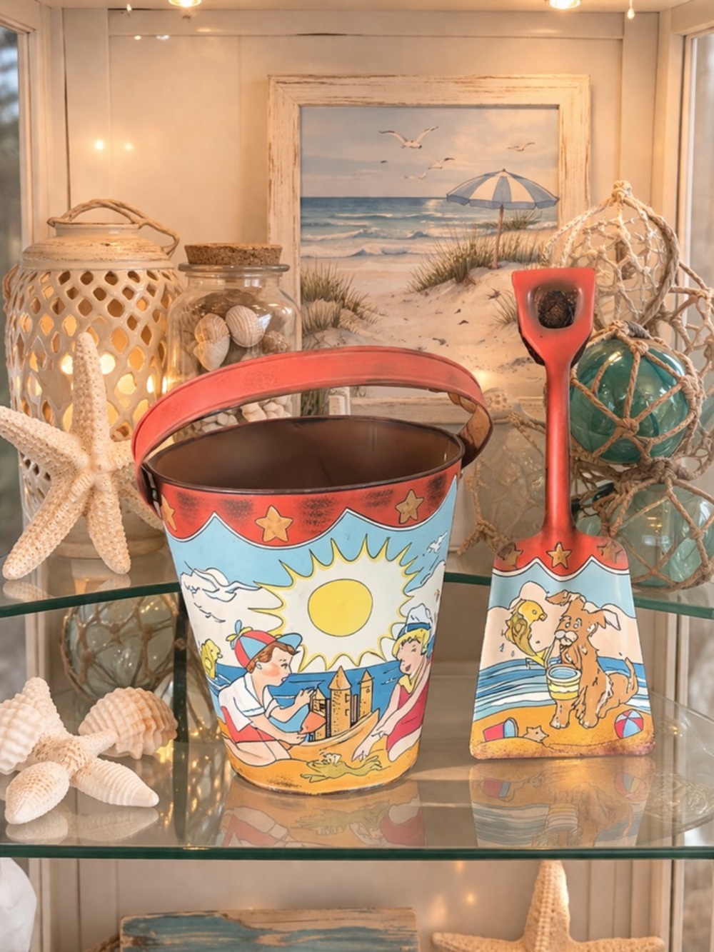 Vintage Metal Sand Pail Bucket with Matching Shovel